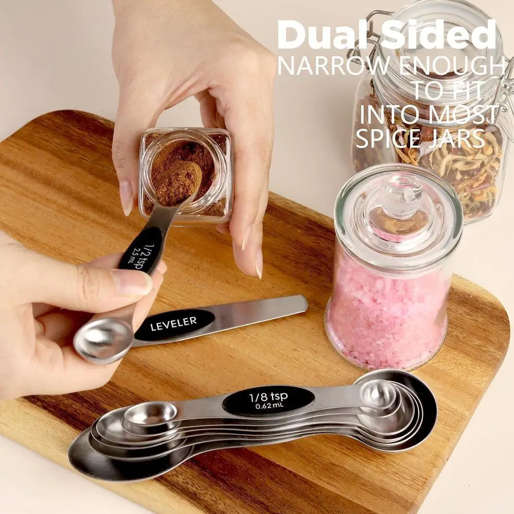 Pack o 8 StainlSteel Magnetic Measuring Spoons Set, Dual Sided, Stackable, Adjustable Teaspoon and Tablespoon Measure Spoon with
