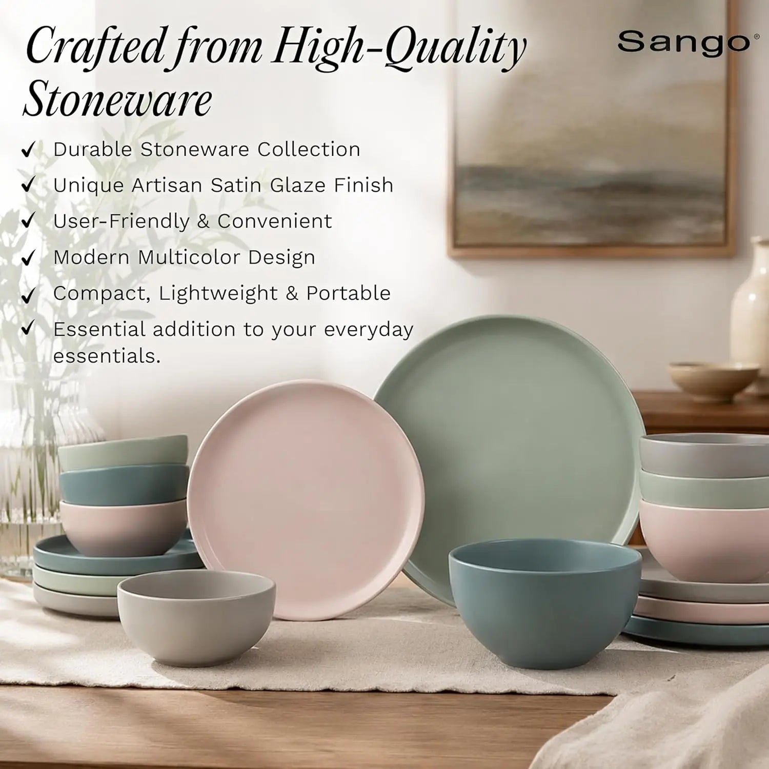 16-Piece Stoneware Dinnerware Set for 4, Satin Glazed Plates and Bowls Sets with Matte Finish, Ceramic Dish Set, Durable