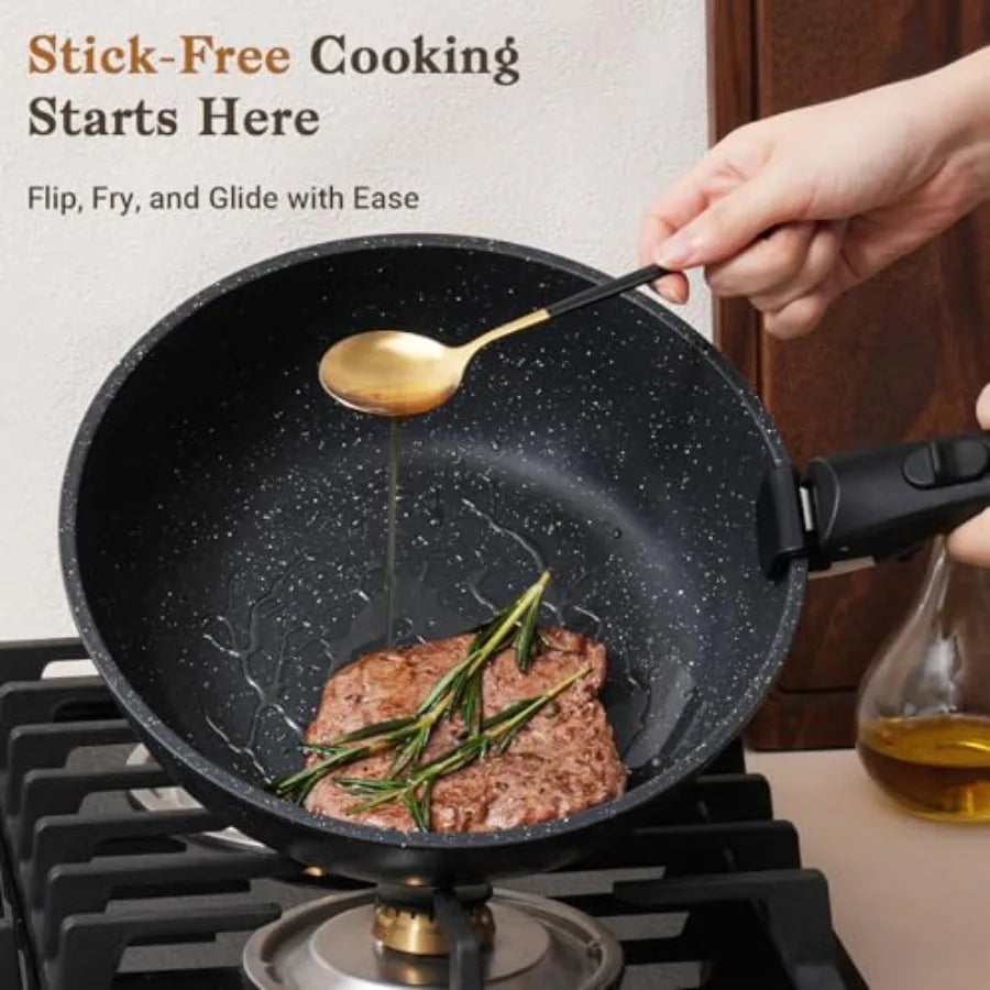 15Pcs Pots and Pans Set Non Stick Cookware Sets with Detachable Handle Nonstick RV Kitchen Cooking Tools Removable Handles Oven