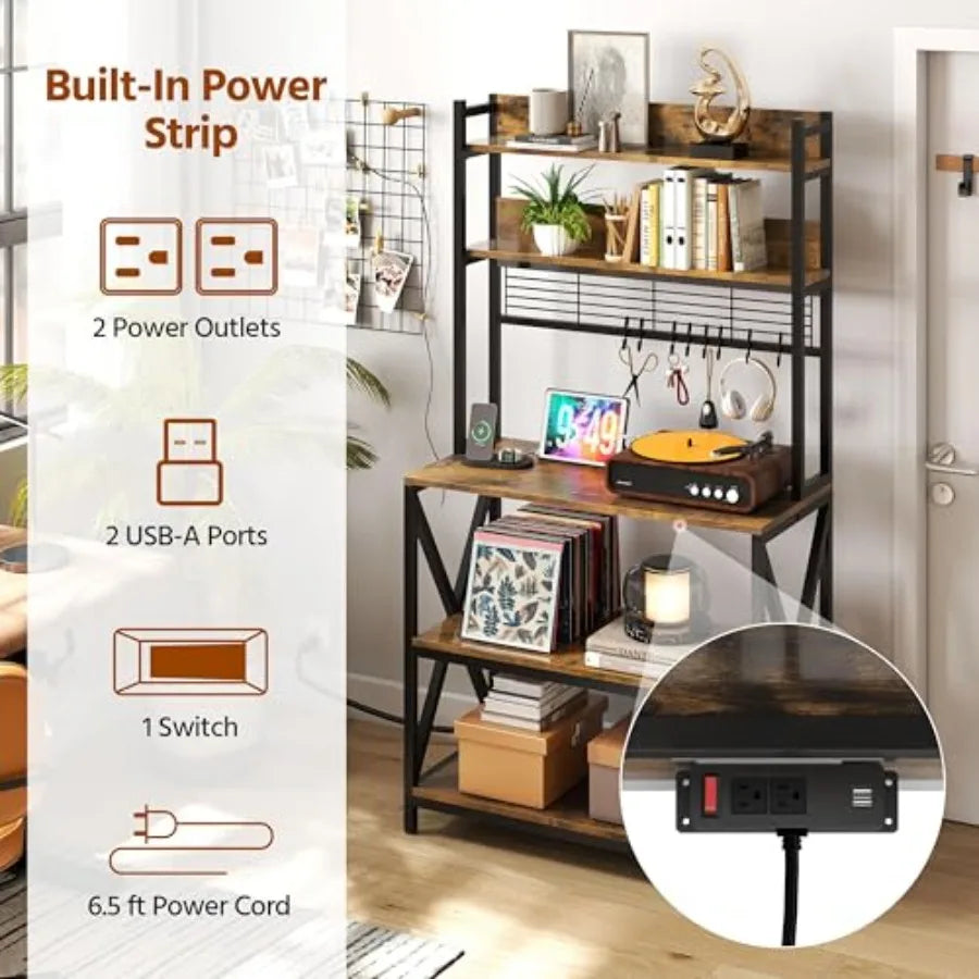 Kitchen bakers rack for coffee bar use, rustic brown metal and wood, 5-tier with power outlet, LED lights, 8 S-hooks, 64-inch t