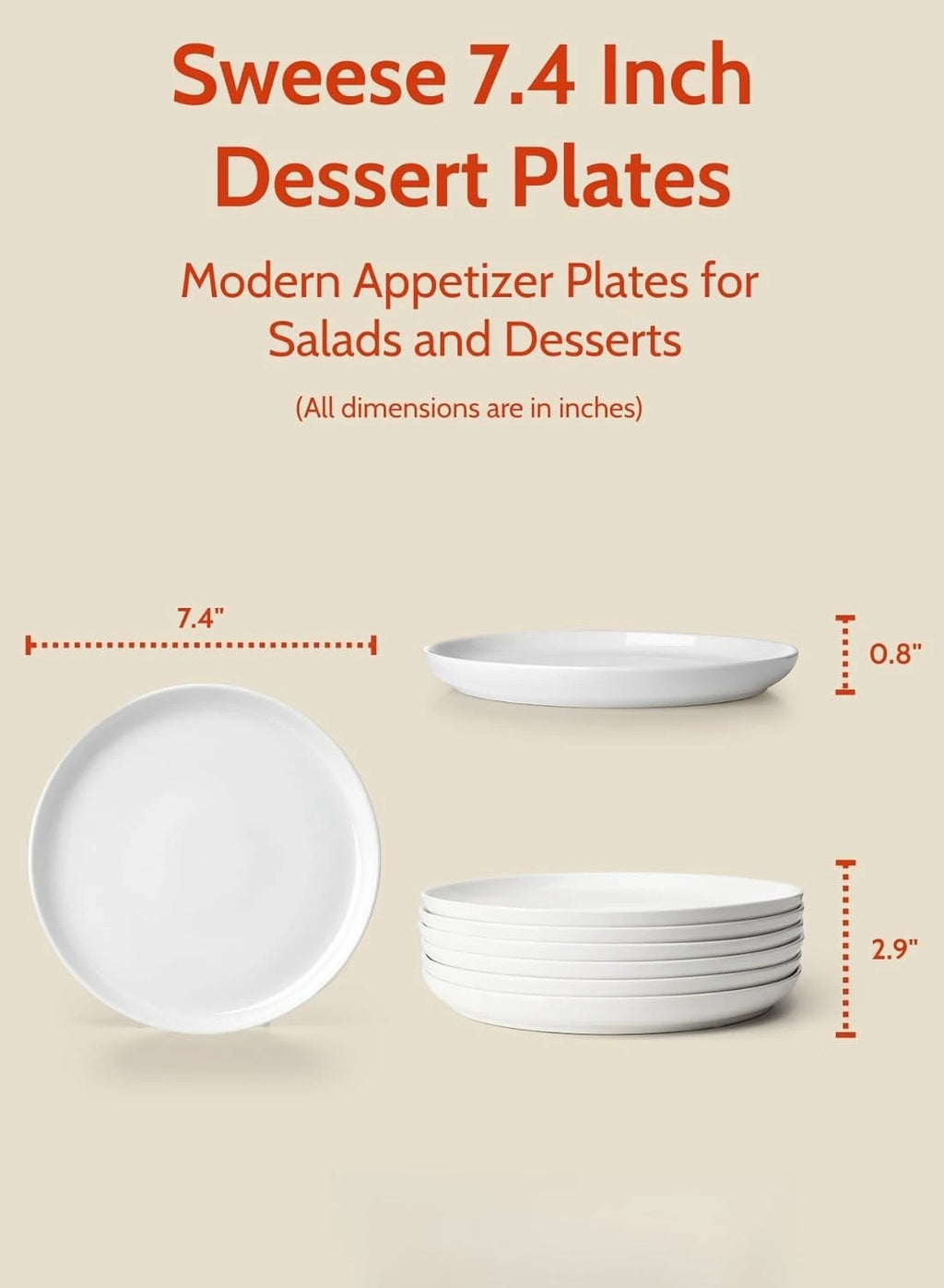 7.4 Inch Porcelain Dessert Plates, Set of 6 - Stackable, Microwave Oven Safe - White