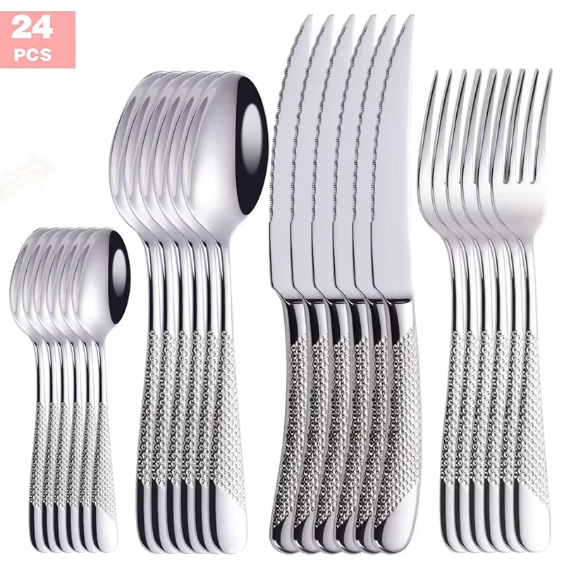 24pc star diamond cutlery set, stainless steel knife fork spoon tea spoon cutlery set, suitable for holiday parties.