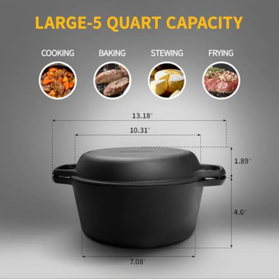 2-in-1 Pre-Seasoned Cast Iron Dutch Oven Pot with Skillet Lid Cooking Pan, Cast Iron Skillet Cookware Pan Set with Dual Handles