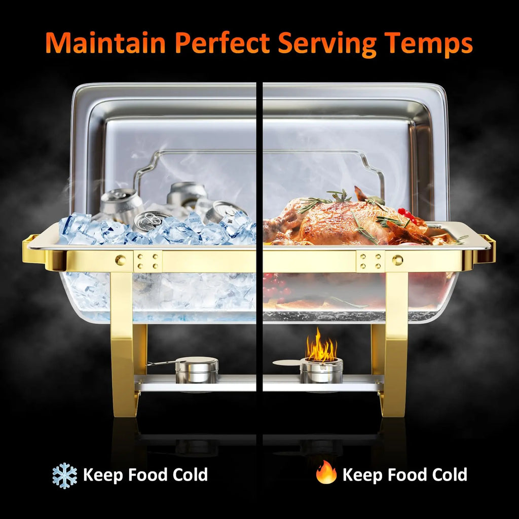 Chafing Dishes for Buffet 4 Pack 7pan, 9QT [Elegant Gold and Silver Colors] Stainless Steel Chafing Dish Buffet Set [Sturdy and High Grade] Chafers and Buffet Warmers Sets