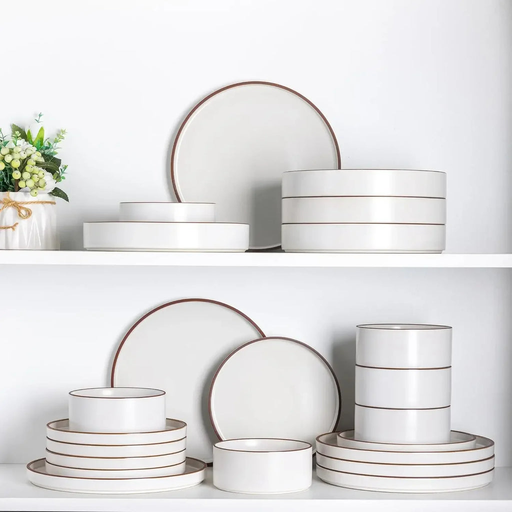 Ceramic Dinnerware Sets for 8, High Edge Stoneware Plates and Bowls Set, Chip and Crack Resistant | Oven & Dishwasher