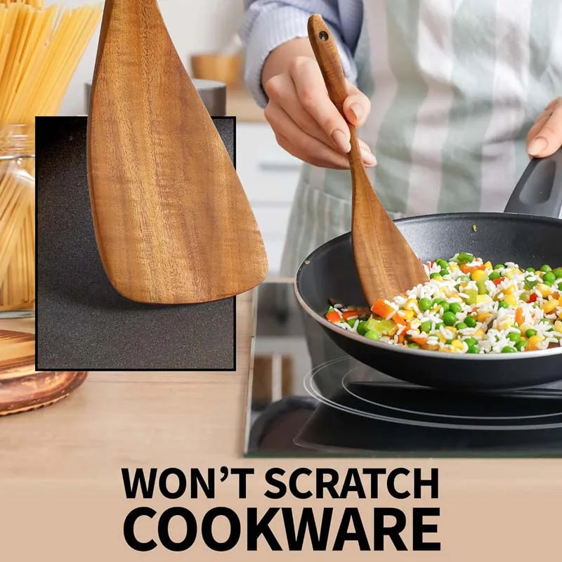 Bohemian Style 5 Pcs Wooden Kitchen Tool Set - Osier Pattern Spoon & Ladle Non-Stick Cookware Safe