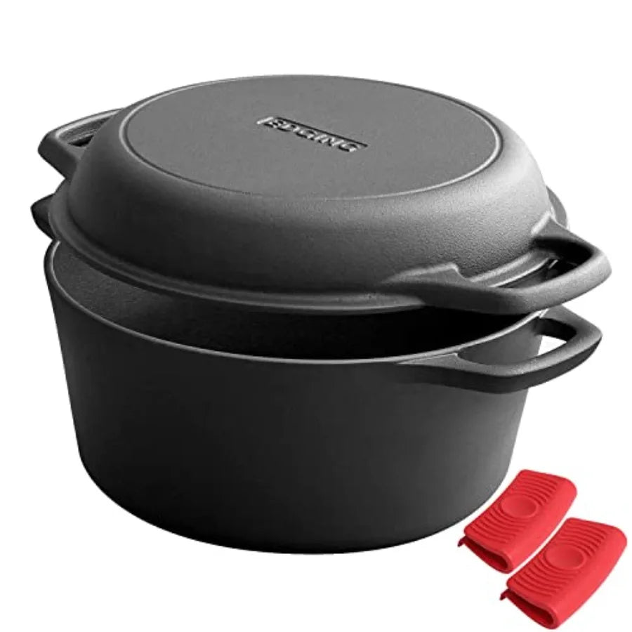 2-in-1 Pre-Seasoned Cast Iron Dutch Oven Pot with Skillet Lid Cooking Pan, Cast Iron Skillet Cookware Pan Set with Dual Handles