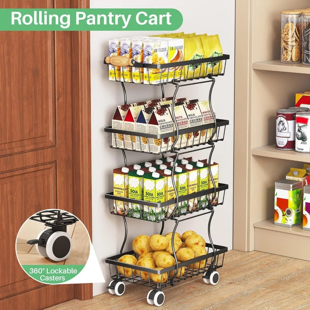 Fruit Basket Kitchen Pantry Organizers and Storage - 4 Tier Stackable Metal Wire Basket Stand for Fruit Vegetable Snacks Jars Bi