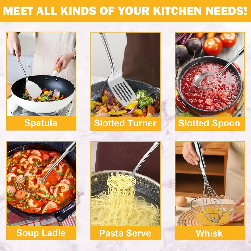 6pcs Kitchen Cooking Utensils Set, Stainless Steel, with Suspendable Handle, Spatula, Slotted Turner, Soup Ladle, Slotted Spoon