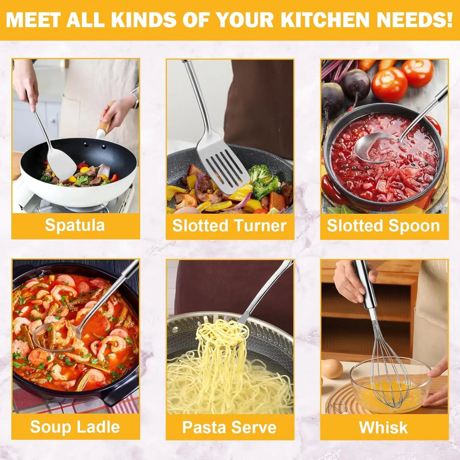 6pcs Kitchen Cooking Utensils Set, Stainless Steel, with Suspendable Handle, Spatula, Slotted Turner, Soup Ladle, Slotted Spoon