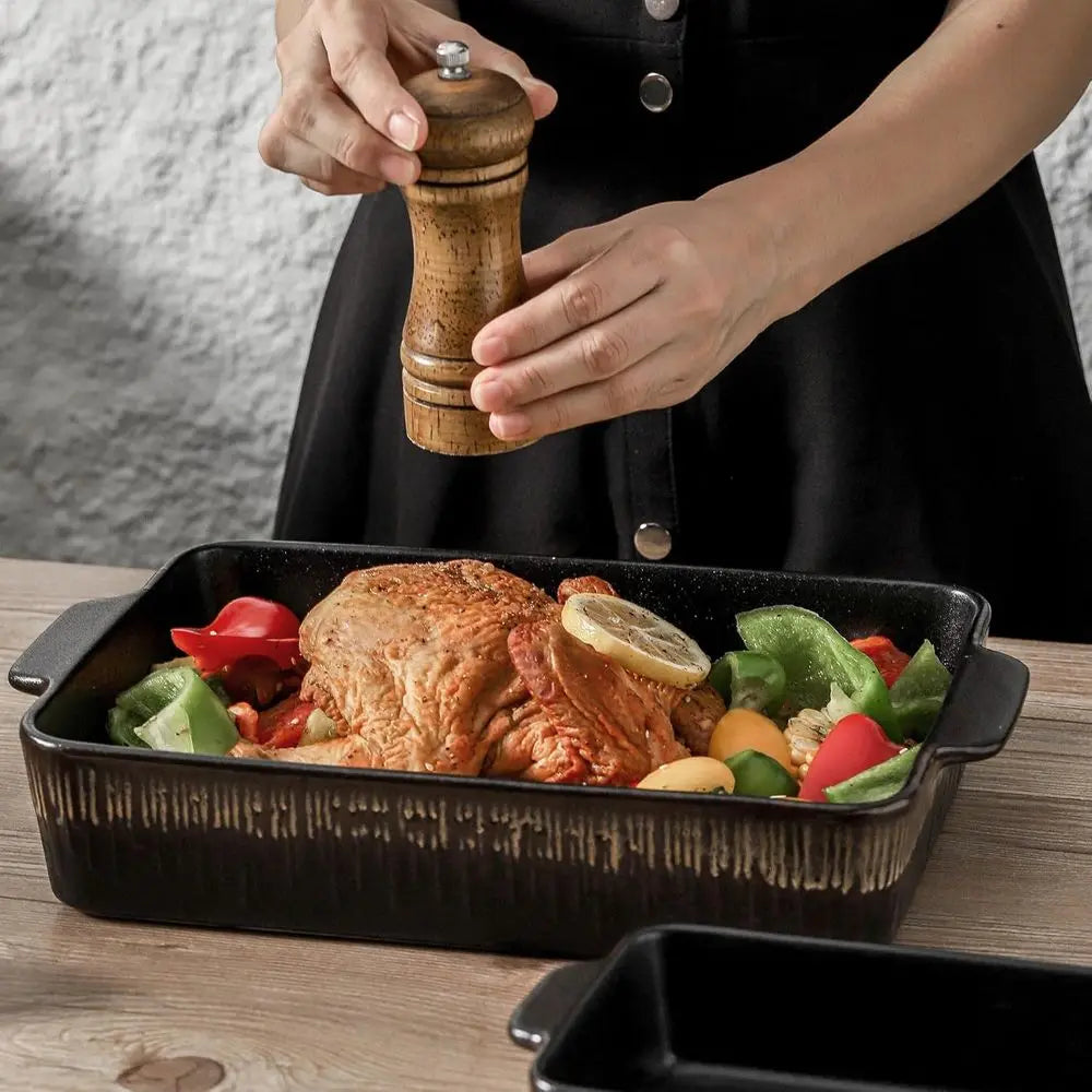 3-Piece Bakeware Set, 20x30 cm Casserole Pan, Cooking and Baking Dinnerware, Black Stripe Design