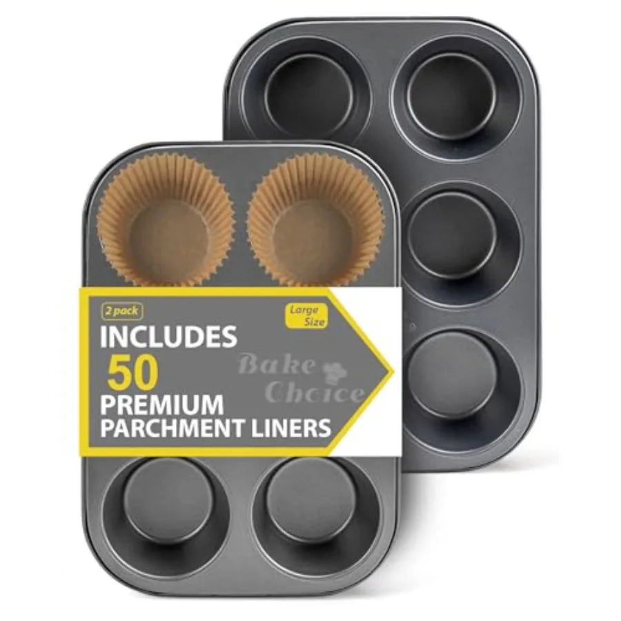 2 Pack Jumbo Muffin Pan for Baking, Extra Large Cupcake Pan includes 50 Natural Jumbo Cupcake Liners, Muffin Tin Nonstick 6 Cup