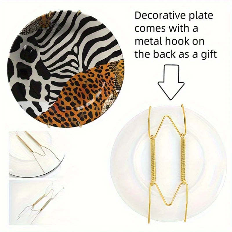 1pc Non-Food Contact Animal Print Ceramic Decorative Plate - Zebra & Leopard Artistic Design, Round Tabletop Display for Home,