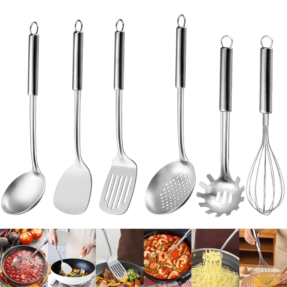 6pcs Kitchen Cooking Utensils Set, Stainless Steel, with Suspendable Handle, Spatula, Slotted Turner, Soup Ladle, Slotted Spoon