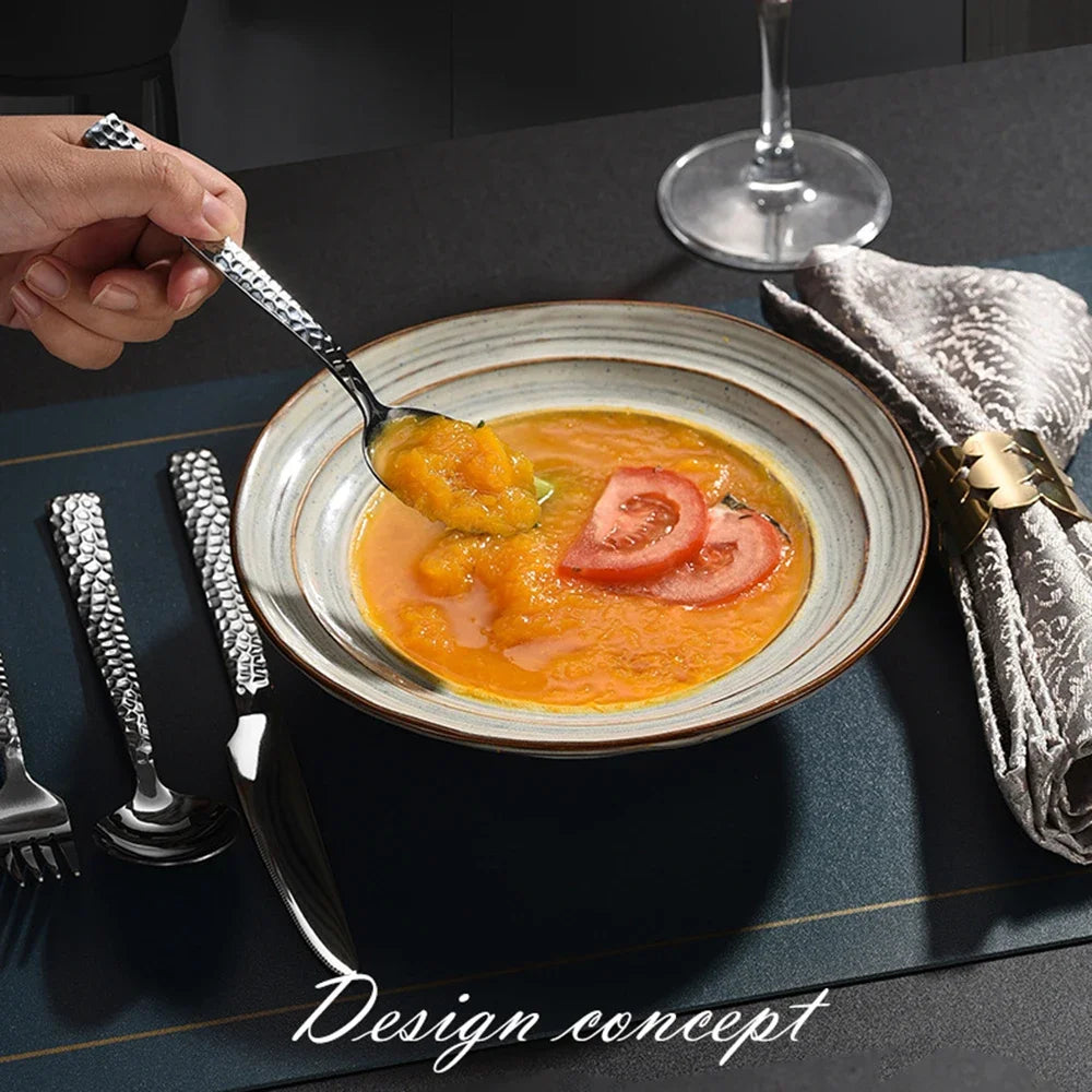 Luxury 5pcs Stainless Steel Cutlery Set Hammered Steak Knife Fork Spoon Western Dining Tableware for Restaurant Kitchen Bar