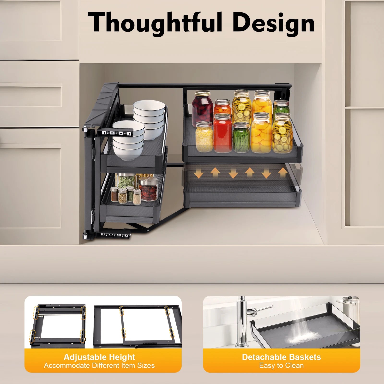 2Tier 14" Blind Corner Cabinet Pull Out with 4 Detachable Shelves Universal Mount Right or Left Corner Kitchen Cabinet Organizer