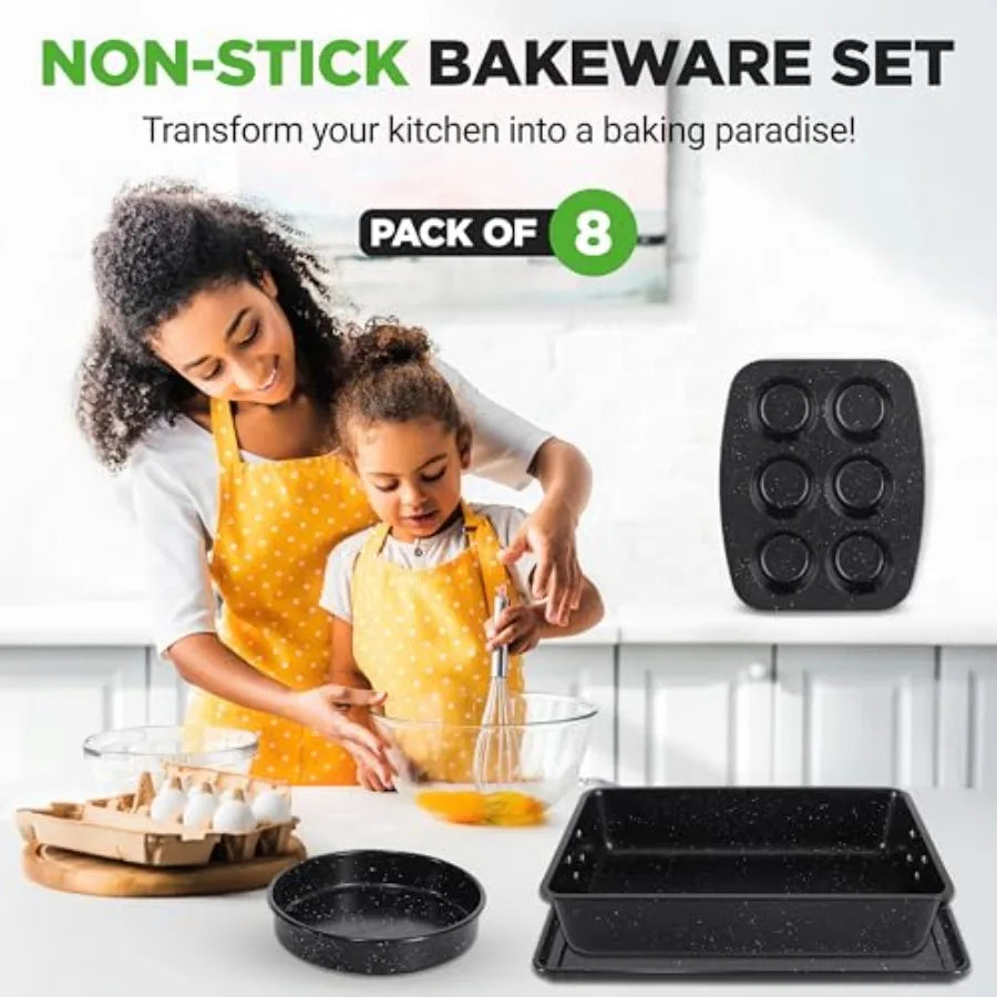 8-Piece Stackable Bakeware Set - Carbon Steel Non-Stick Baking Pan Set, Sheet, Muffin, Round, Loaf, Square Cake and Deep Pans,