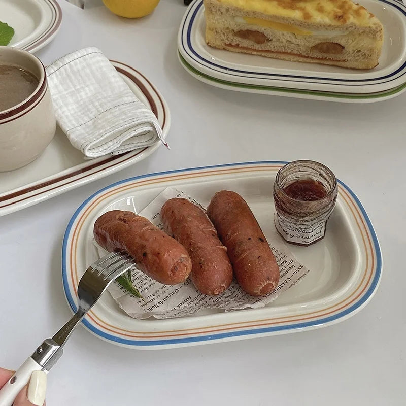 Korean Style Linear Ceramics Dim Sum Dish Pasta Plate Afternoon Tea Art Tableware Table Decoration Kitchen Supplies