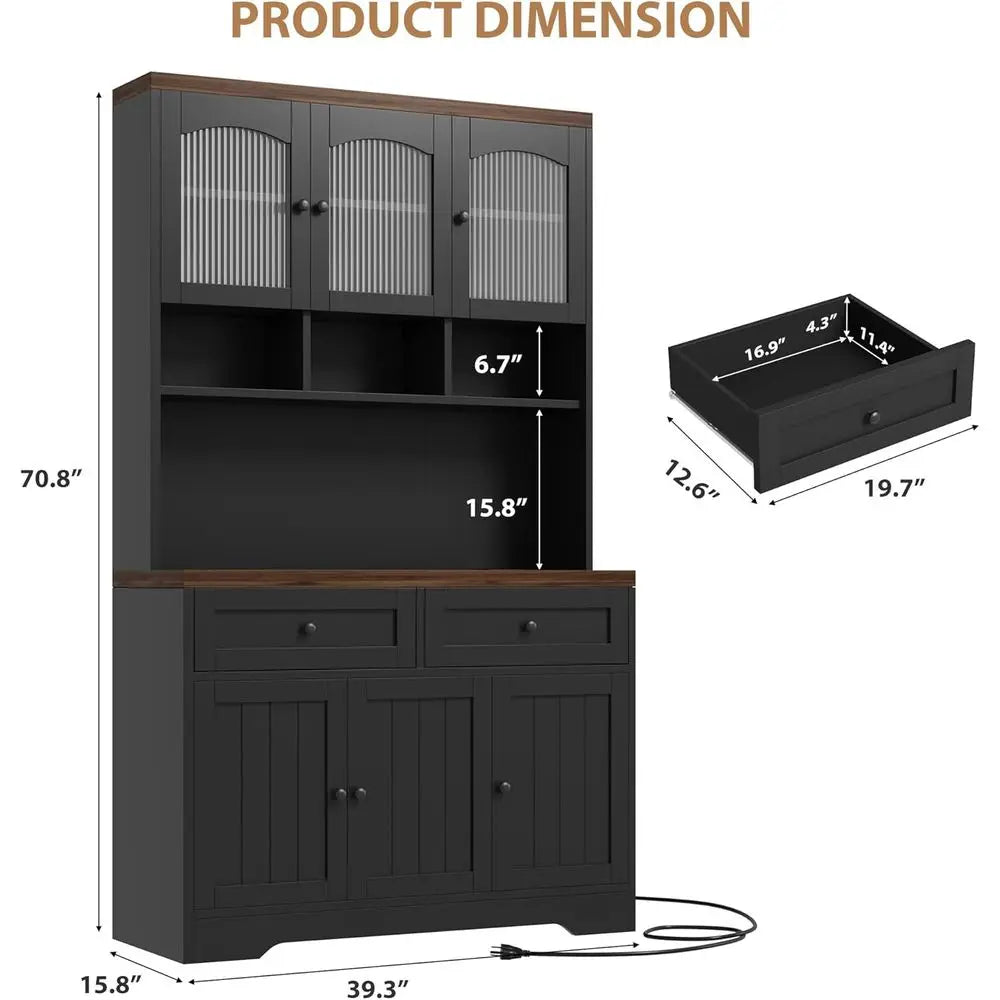 70.8 Tall Kitchen Pantry Cabinet with Charging Station and Thickened Countertop in Black for Dining Area