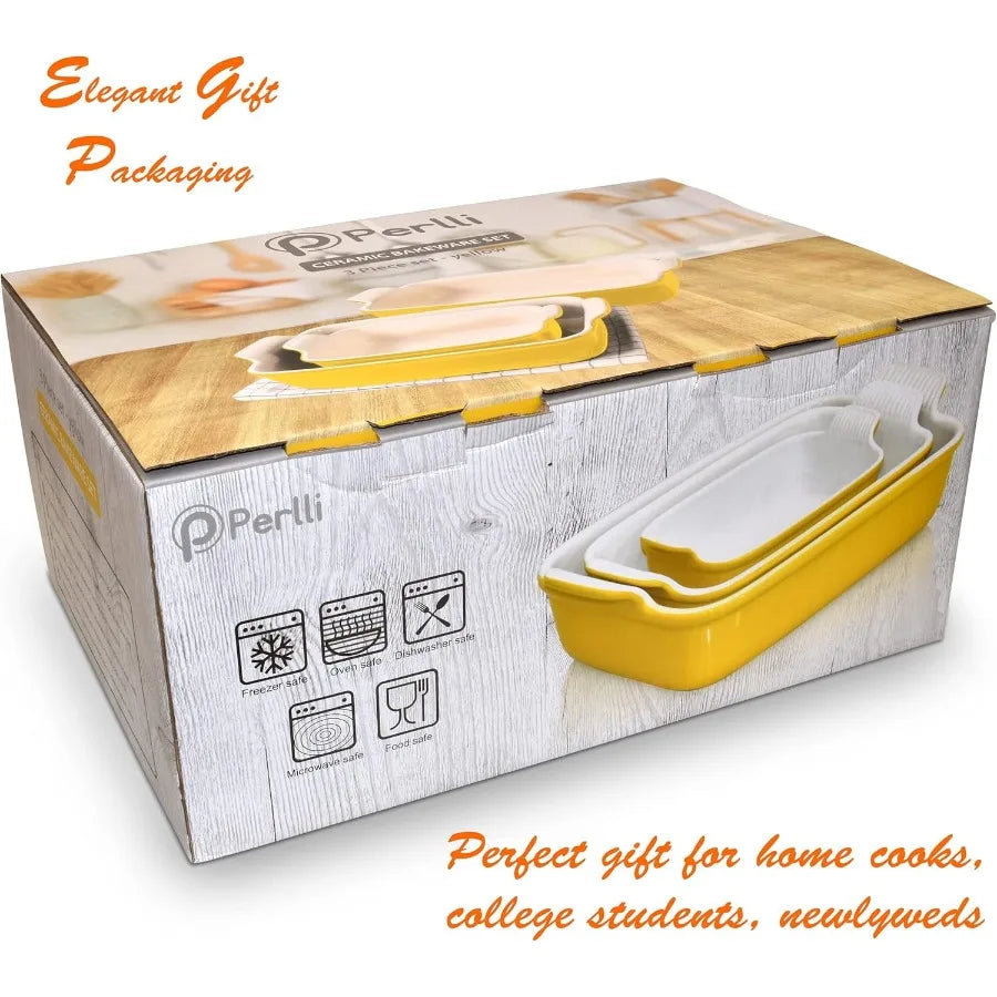 Ceramic Bakeware Set Casserole Baking Dish Ceramic 3 Piece Rectangular Yellow