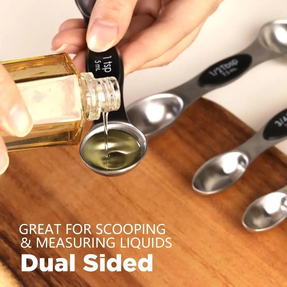 Pack o 8 StainlSteel Magnetic Measuring Spoons Set, Dual Sided, Stackable, Adjustable Teaspoon and Tablespoon Measure Spoon with