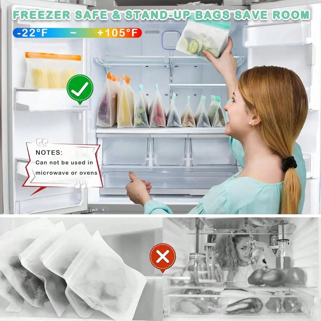 15-Pack Reusable Freezer Bags - Leakproof Stand-Up Design for Food Storage, BPA-Free Silicone Material Perfect for Vegetables,