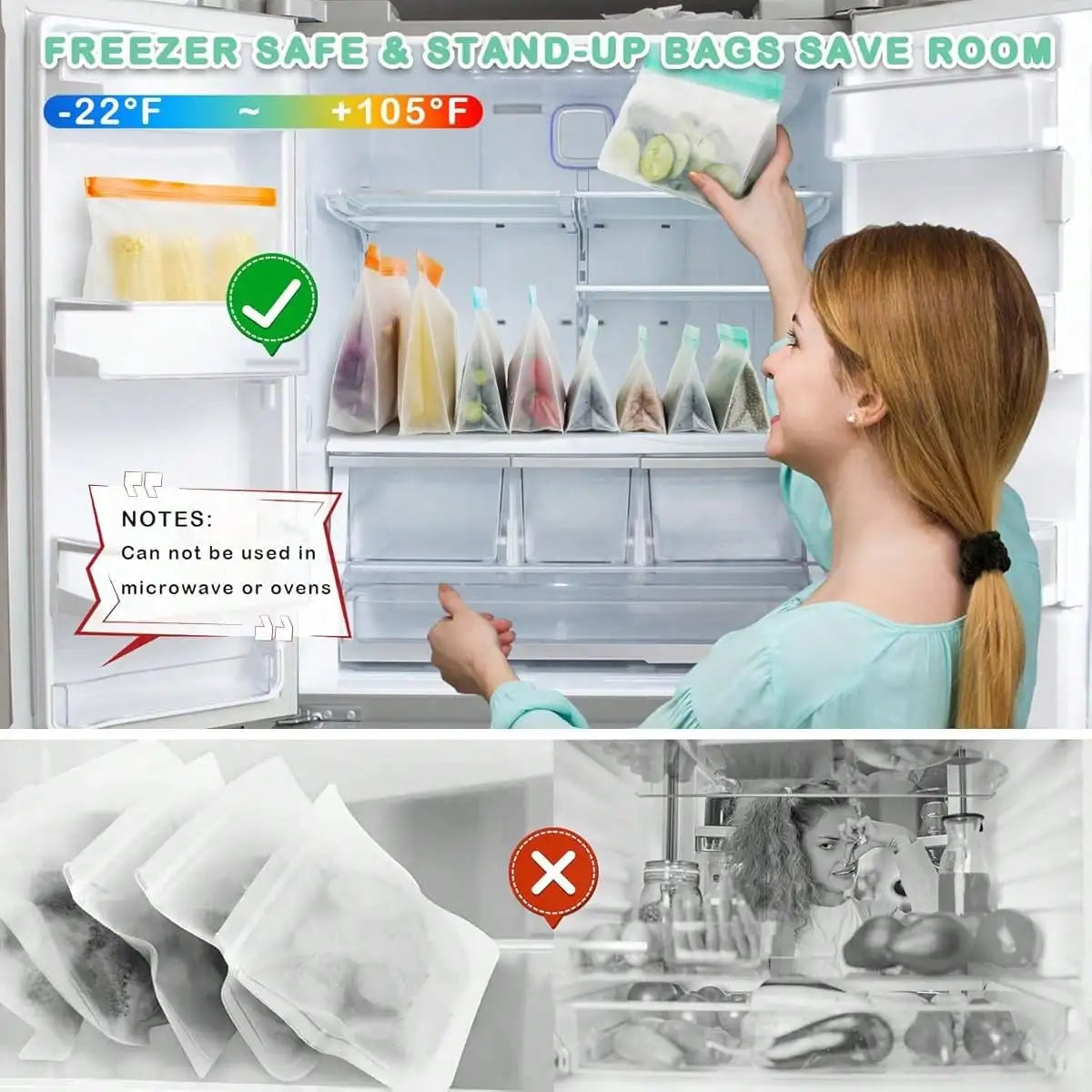 15-Pack Reusable Freezer Bags - Leakproof Stand-Up Design for Food Storage, BPA-Free Silicone Material Perfect for Vegetables,