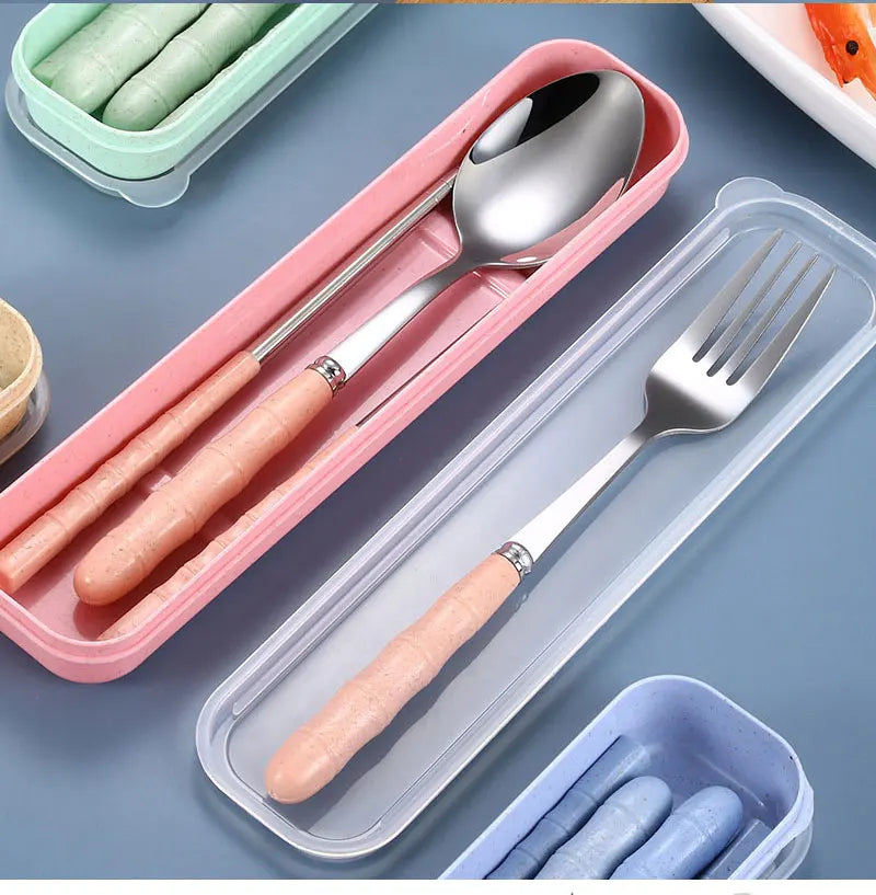 3pcs Set Stainless Steel Portable Fork Spoon Chopstick Student Cutlery Set with Box Travelling Dinnerware Set