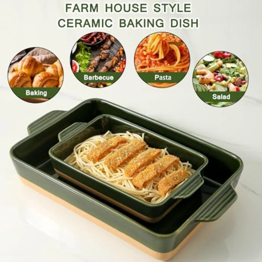 Ceramic Baking Casserole Dish with Handles, Large 9x13 inch Pan and Middle Baking Pan - Porcelain Serving Bakeware Set