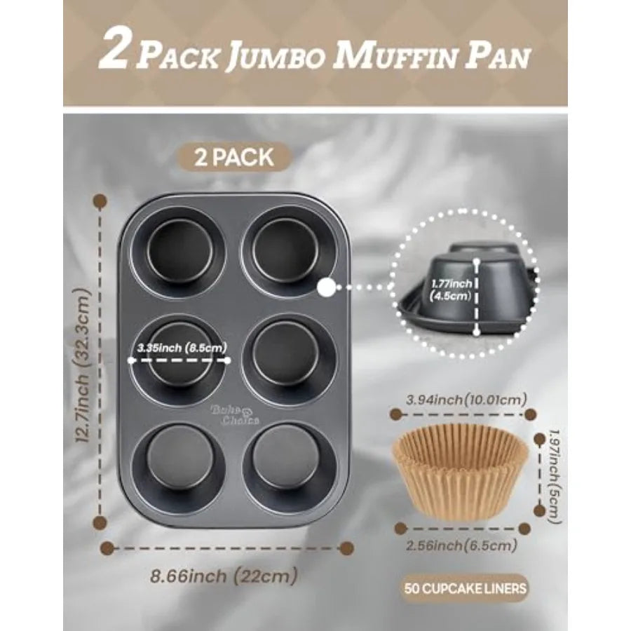 2 Pack Jumbo Muffin Pan for Baking, Extra Large Cupcake Pan includes 50 Natural Jumbo Cupcake Liners, Muffin Tin Nonstick 6 Cup