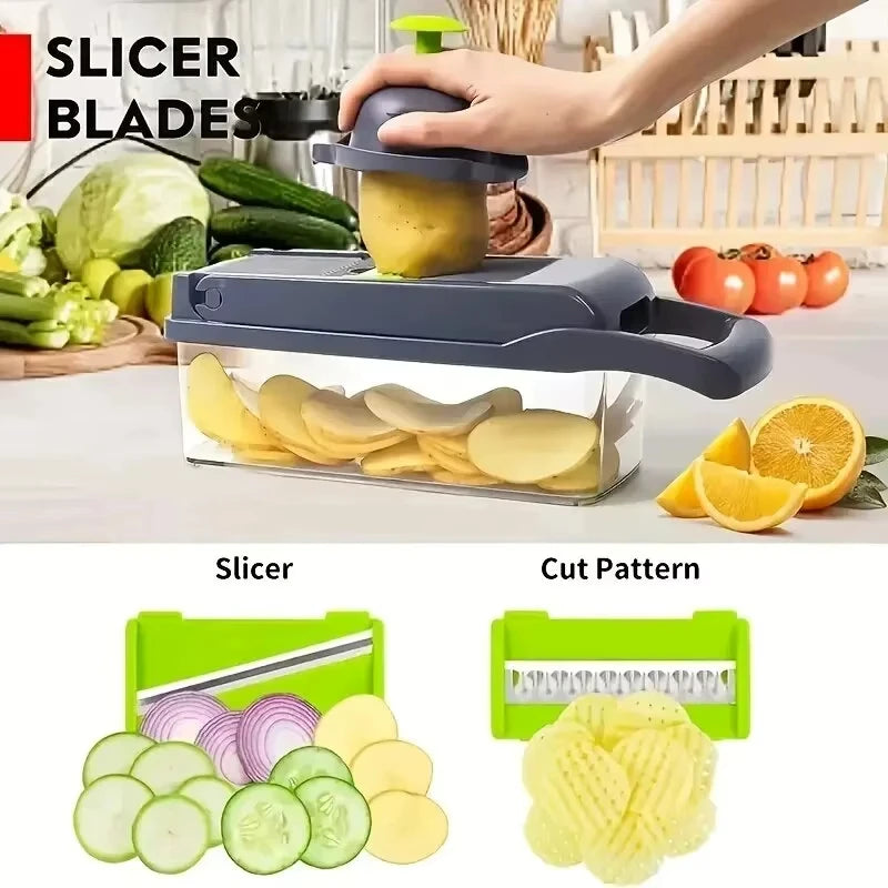 Luxury Vegetable Cutter - Multiple Accessories (Blades/Brush/Basket), All-in-One Kitchen Prep, Single Piece