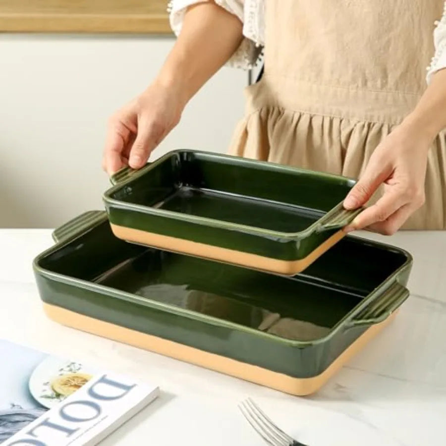 Ceramic Baking Casserole Dish with Handles, Large 9x13 inch Pan and Middle Baking Pan - Porcelain Serving Bakeware Set
