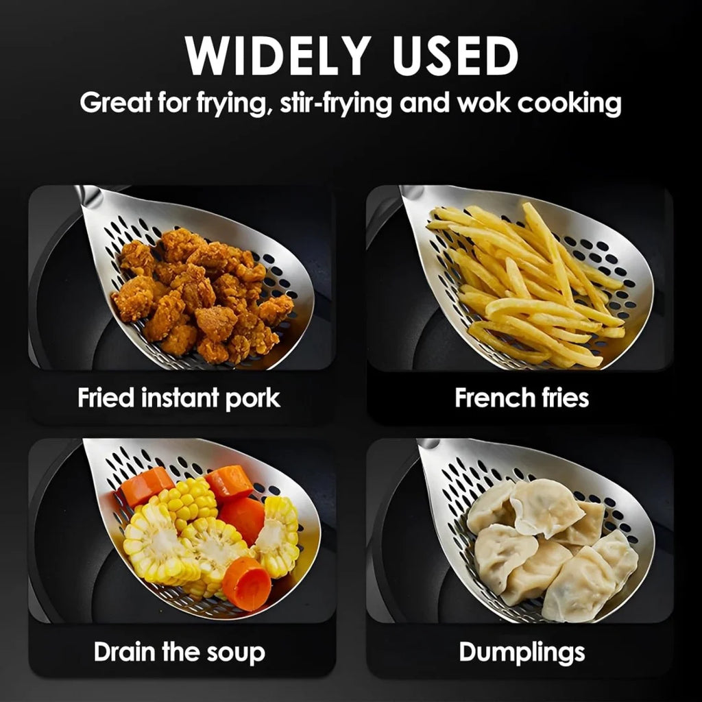 Premium Stainless Steel Skimmer Spoon - Large Size, Wooden Handle, Non-Slip Grip for Pasta, Dumplings & Kitchen Frying