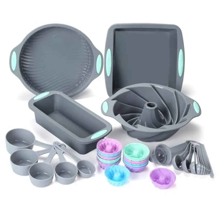 45 Pieces Silicone Bakeware Set, Heat Resistant Baking Pans, Nonstick Baking Molds for Cake, Bread and Cupcake, with Measuring