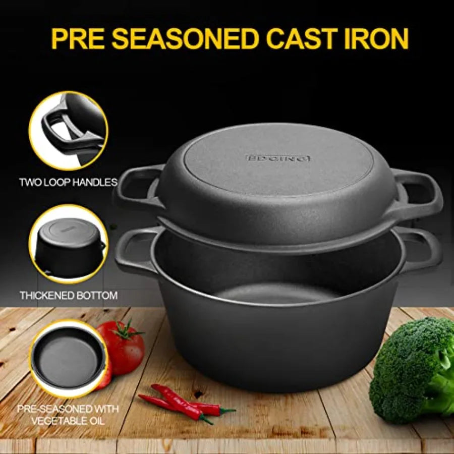 2-in-1 Pre-Seasoned Cast Iron Dutch Oven Pot with Skillet Lid Cooking Pan, Cast Iron Skillet Cookware Pan Set with Dual Handles