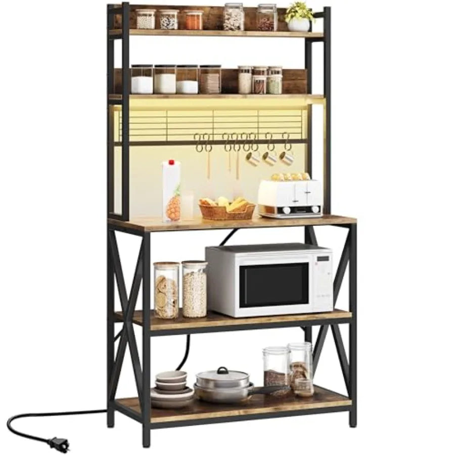 Kitchen bakers rack for coffee bar use, rustic brown metal and wood, 5-tier with power outlet, LED lights, 8 S-hooks, 64-inch t