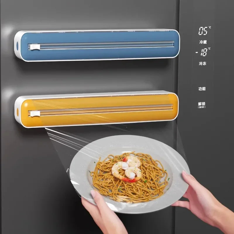 2 in 1 Food Film Dispenser Wrap Dispenser with Cutter Storage Box Aluminum Foil Stretch Film Cutter Wall Shelf Kitchen Organizer