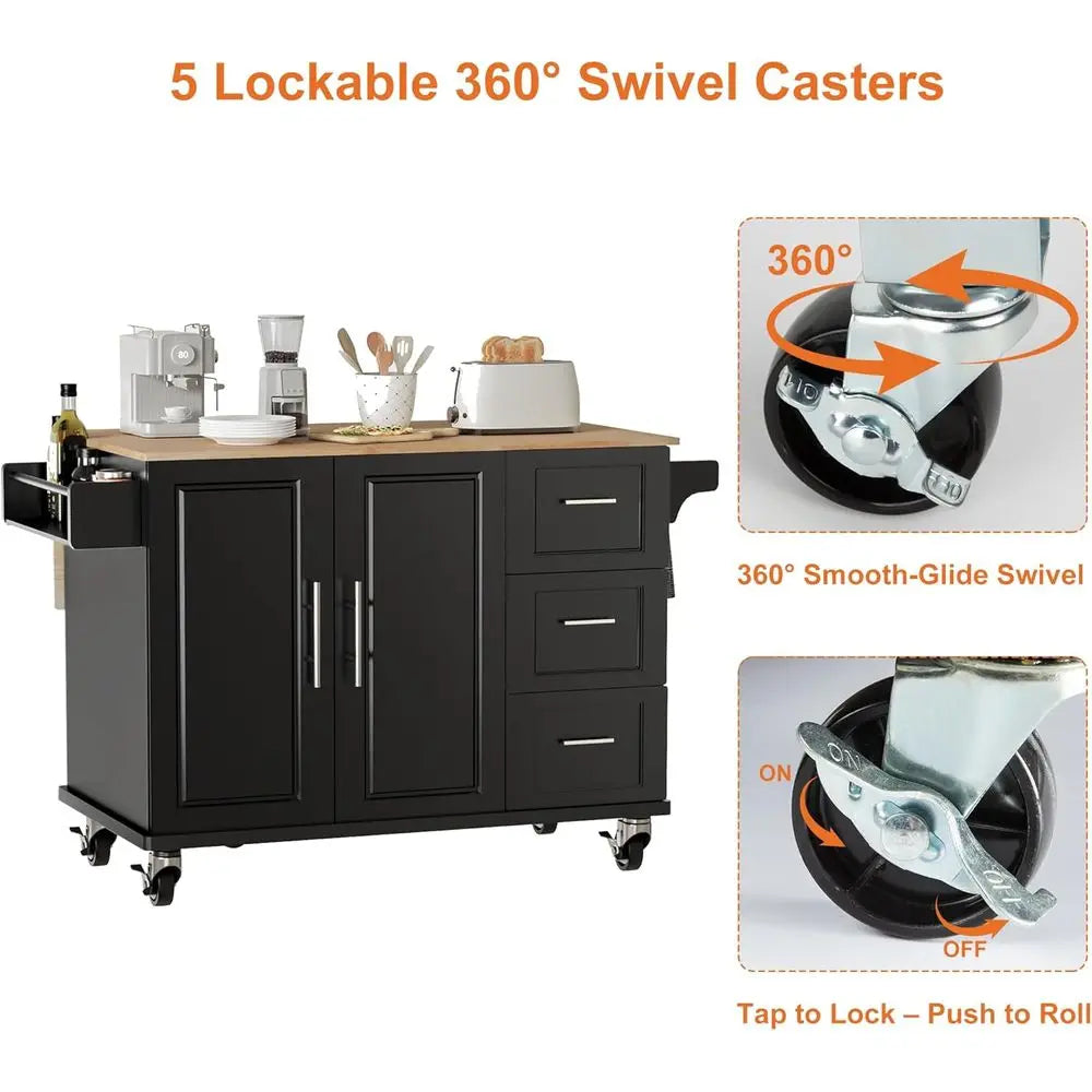 54 Mobile Kitchen Island Cart with Drop Leaf, 3 Drawers, 1 Cabinet, and Spice Rack in Black