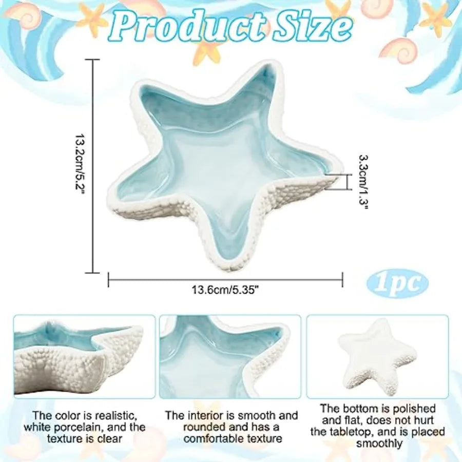 Starfish Shape Ceramic Jewelry Tray, Aqua Shell Trinket Dish Ceramic Ring Earring Holder Ocean-themed Decorative Trinket Plate