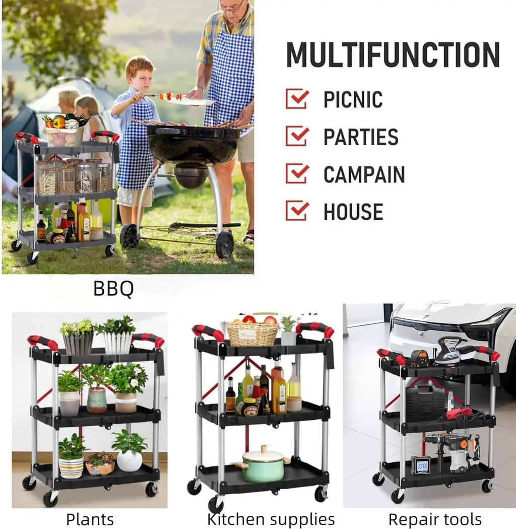 3 Tier Rolling Cart, 167Lbs Foldable Utility Service Cart with Lockable Wheels  for Warehouse Garden Office Kitchen