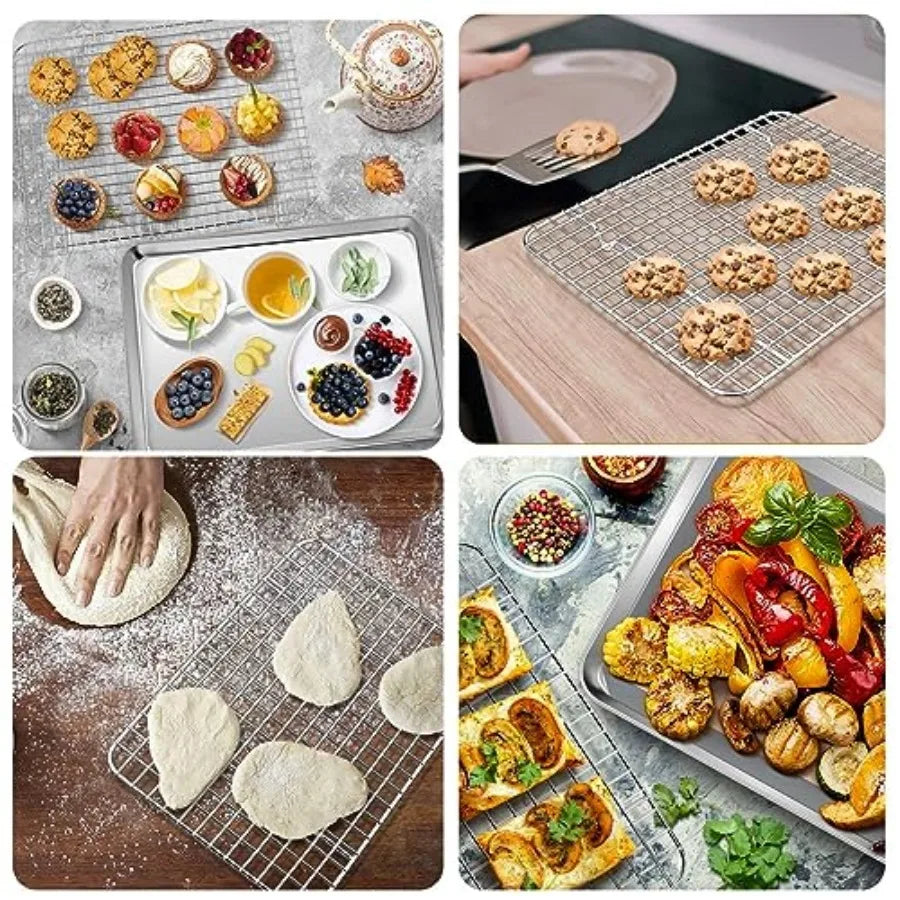 16 + 12.5 + 10.4 + 9 Inch Baking Sheet and Rack Set 8Pcs Stainless Steel Cookie Sheets Oven Baking Trays Cooling Racks for Cook