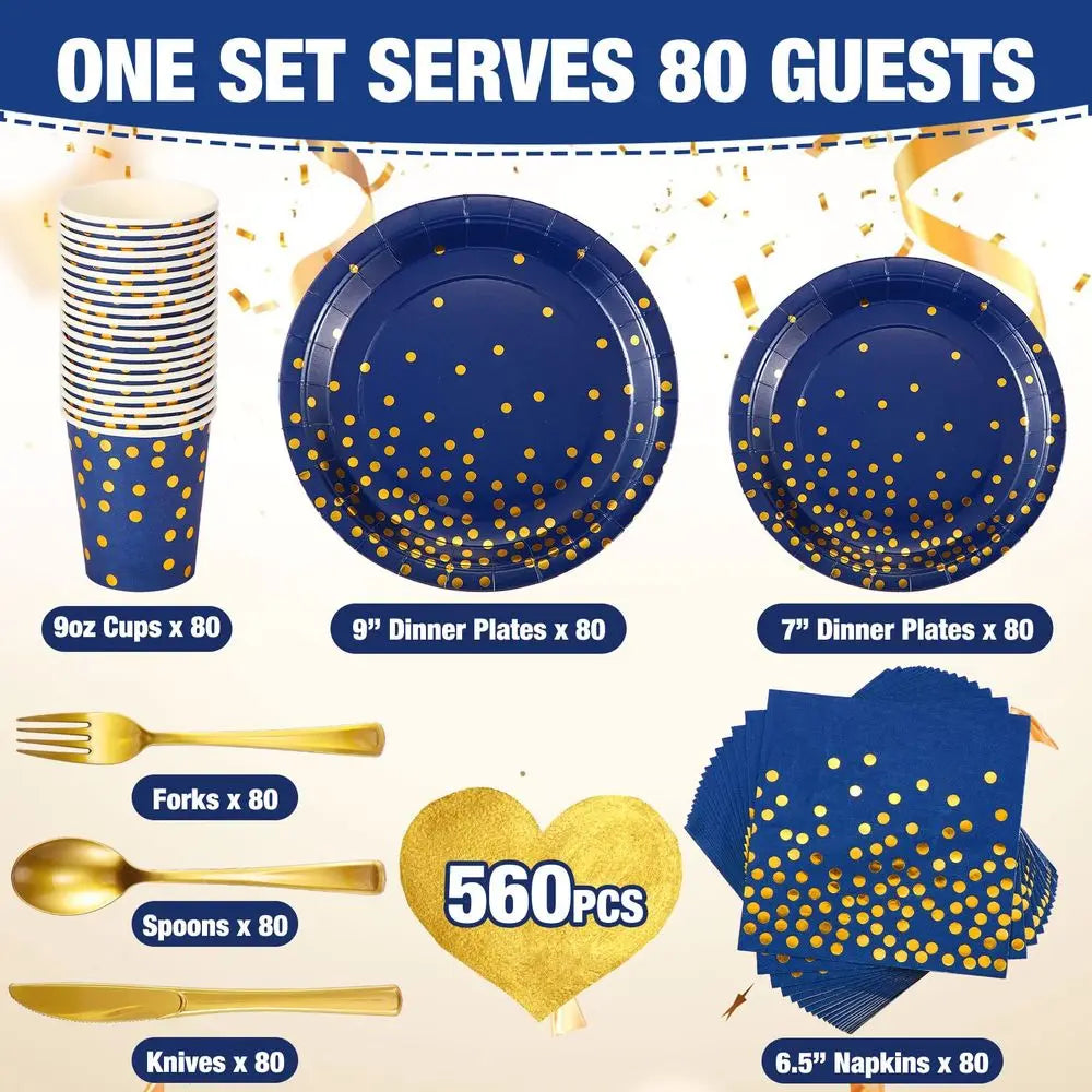 560 Pcs Navy Blue and Gold Party Supplies for 80 Guests Disposable Dinnerware Set Navy Paper Plates Napkins Cups Forks Knives S
