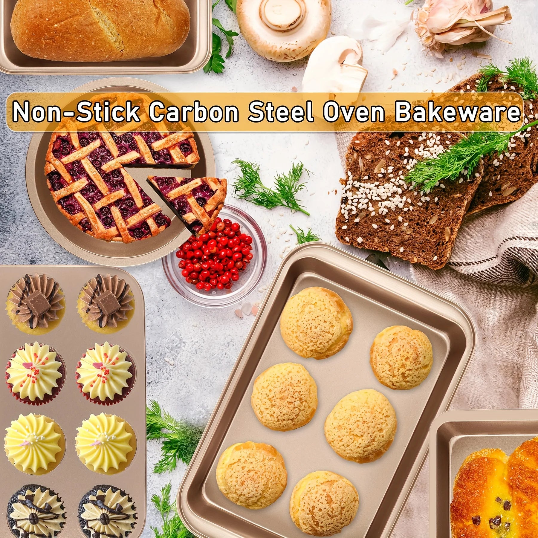 usNonstick Bakeware Set, Stackable Space-Saving Design Includes Round & Square Pans, Waffle Tray, Cookie Sheet, Baking Pan, Dishwasher Safe, 2pcs Round Pans Or 5/10pcs Setd