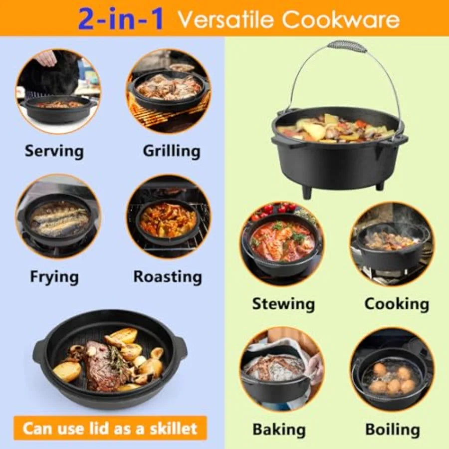 7 QT Cast Iron Dutch Oven, Large 2 in 1 Camp Pre-Seasoned Deep Pot and Lid Skillet Pan, Heavy Thick 7 Quart Multiple Cookware w