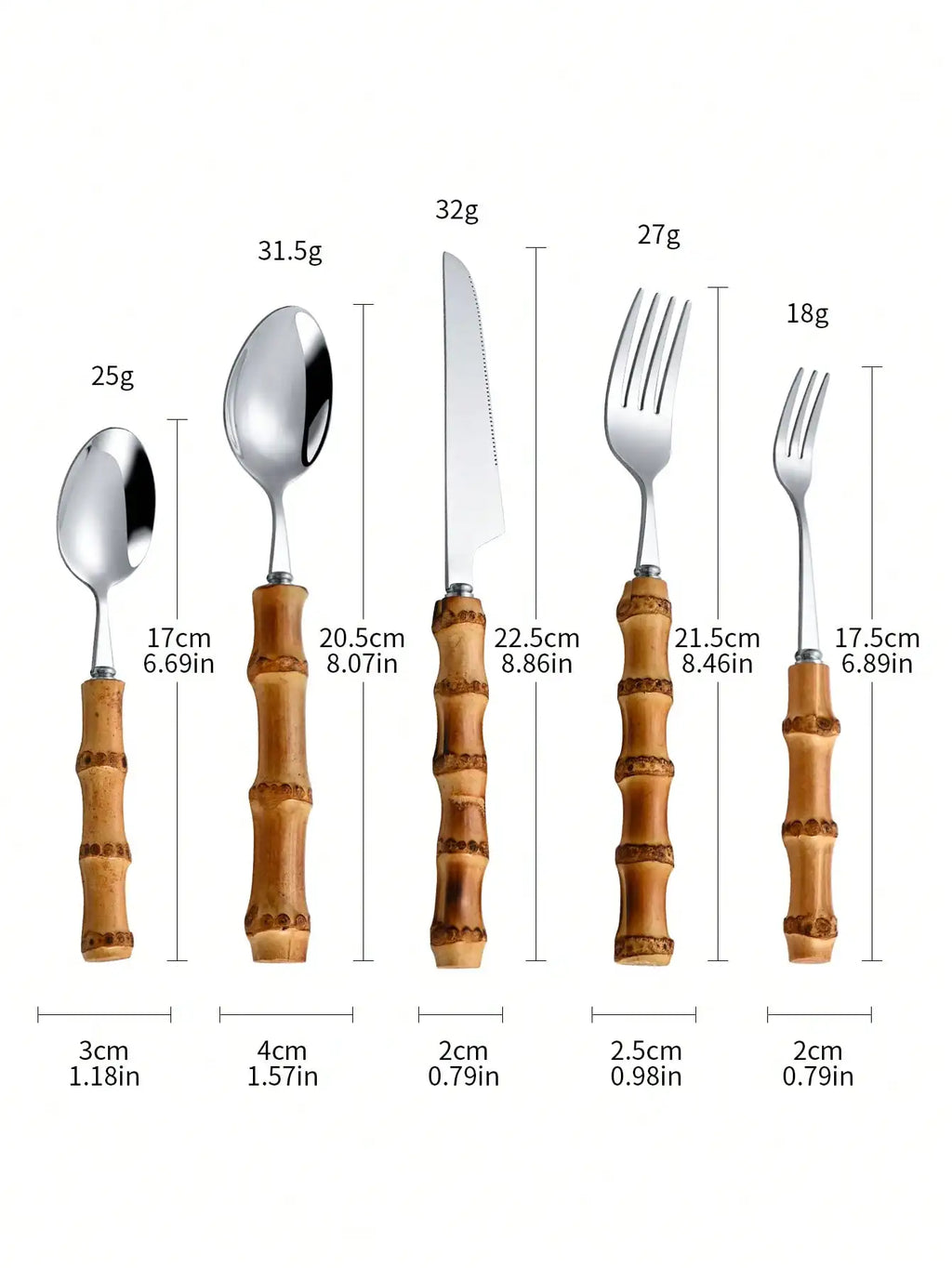 30pcs/Set Stainless Steel Cutlery Set With Natural Bamboo Handles School Supplies,Christmas Gift