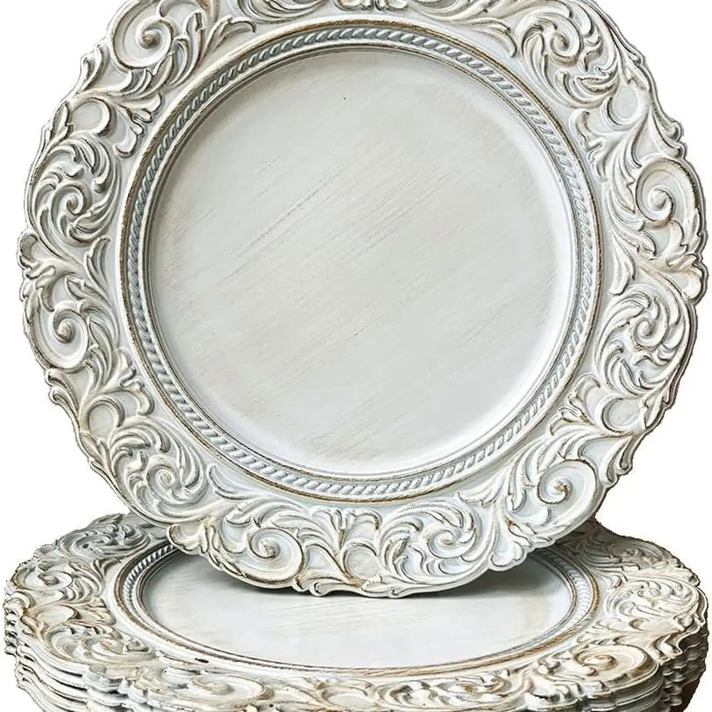 Antique Charger Plates, 13 Inch White Dinner Plate Chargers Round Server Ware. Set of 6 Plastic Embossed Charger for Dinner, Par