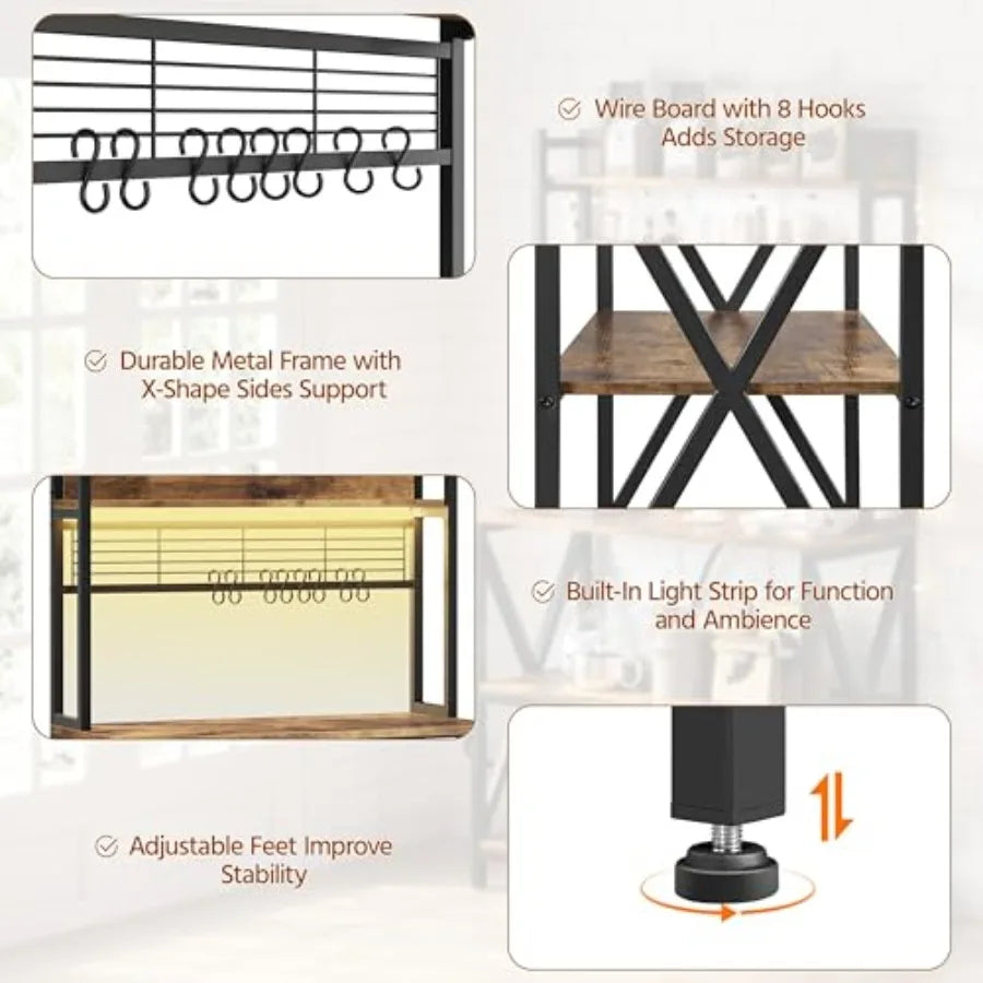 Kitchen bakers rack for coffee bar use, rustic brown metal and wood, 5-tier with power outlet, LED lights, 8 S-hooks, 64-inch t