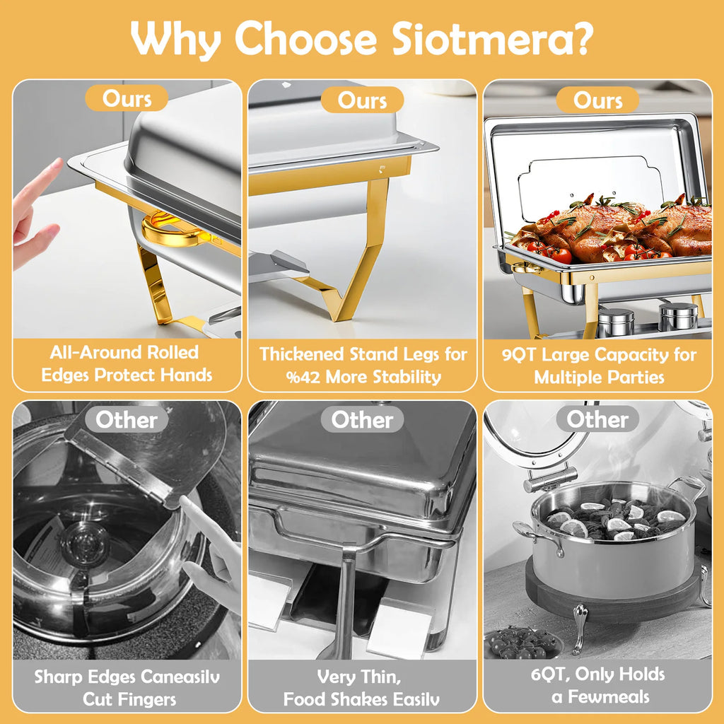 Chafing Dish Set Buffet Warmer Stainless Steel 316 Full Size Rectangular Semi-Gold-Plated Hotel Catering Parties Weddings