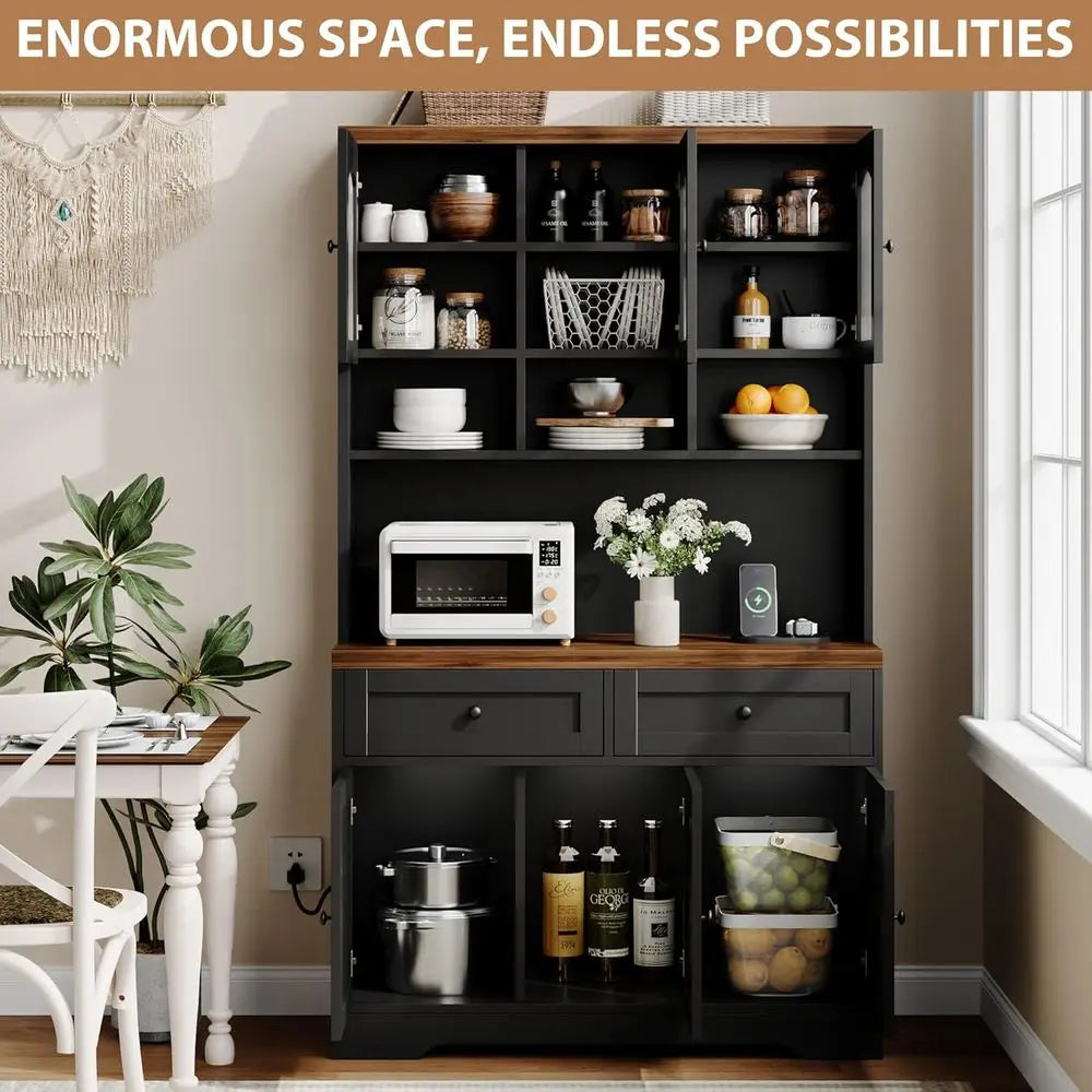 70.8 Tall Kitchen Pantry Cabinet with Charging Station and Thickened Countertop in Black for Dining Area