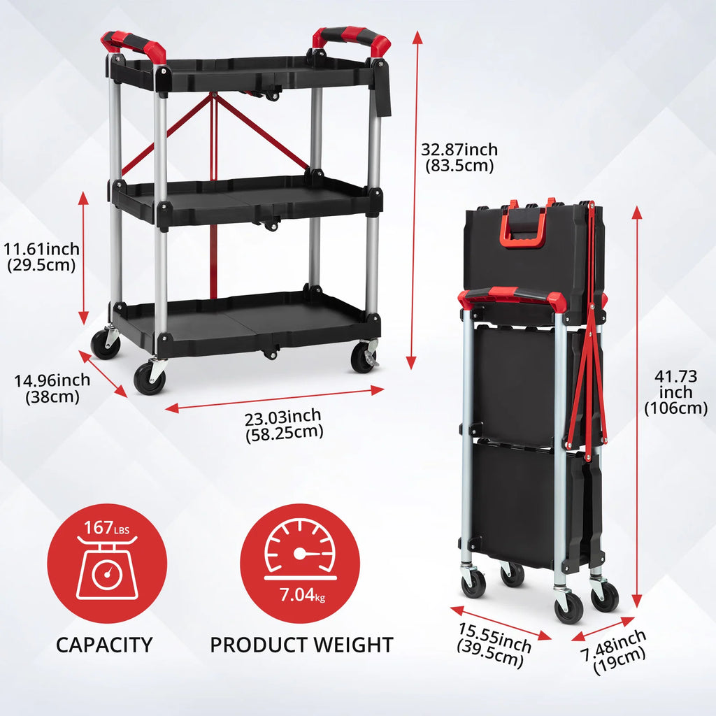 3 Tier Rolling Cart, 167Lbs Foldable Utility Service Cart with Lockable Wheels  for Warehouse Garden Office Kitchen